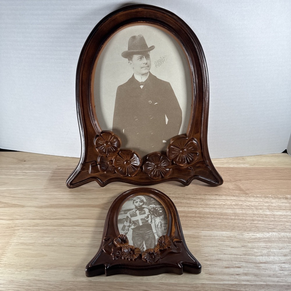 VINTAGE ANTIQUE HONG KONG PICTURE FRAME GLASS Faux Wood Set Of 2